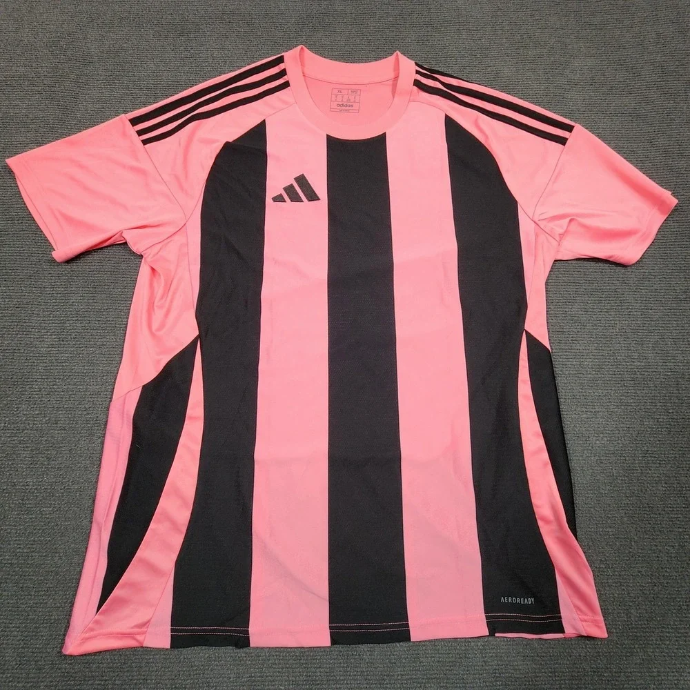 Adidas Soccer Jersey Mens XL Pink Black Striped Aeroready Slim Fit Athletic